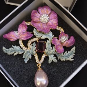 Joan Rivers Pink Enamel Floral Crystal Brooch with Pearl Drop